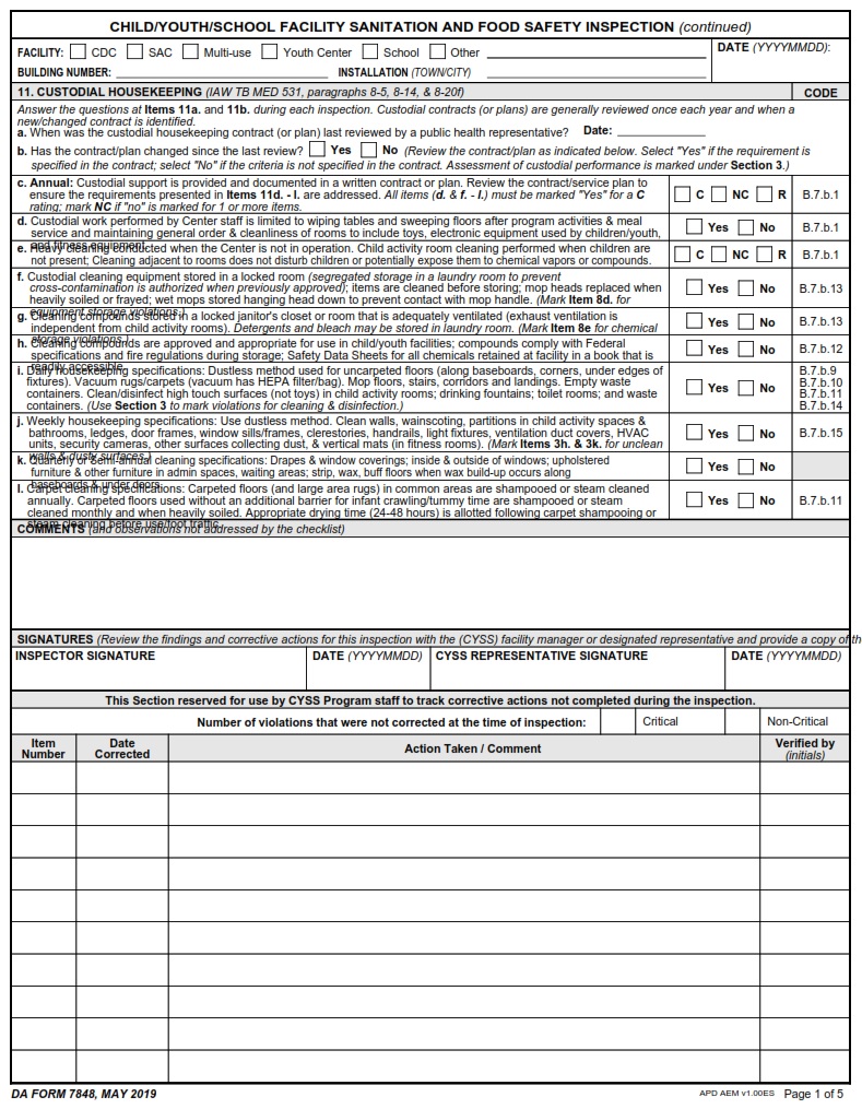DA FORM 7848 - Child Youth School Facility Sanitation And Food Safety Inspection page 5