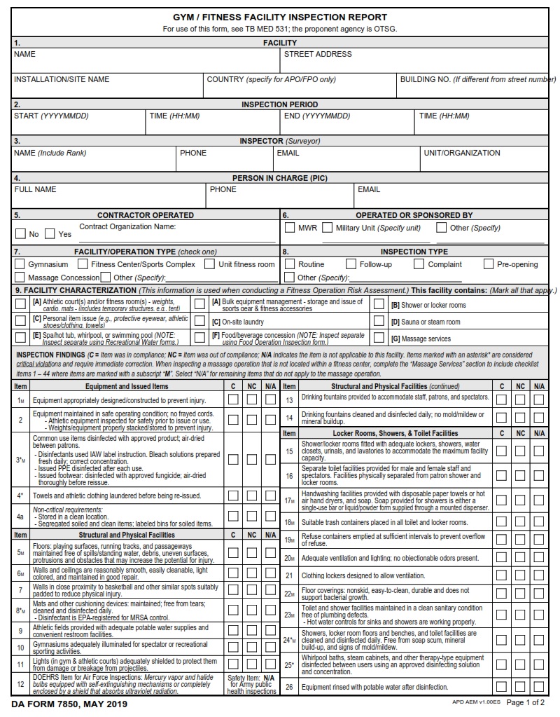 DA FORM 7850 - Gym Fitness Facility Inspection Report Page 1