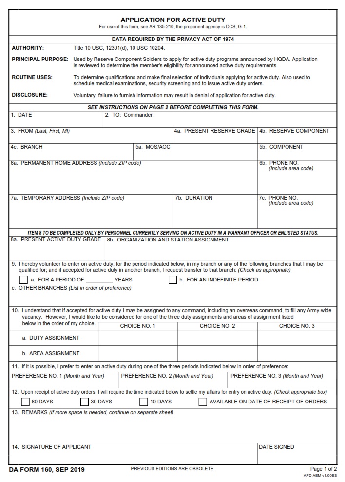 DA Form 160 - Application For Active Duty