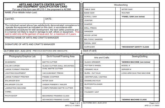 DA Form 3031 - Arts And Crafts Center Safety And Equipment Qualification Card