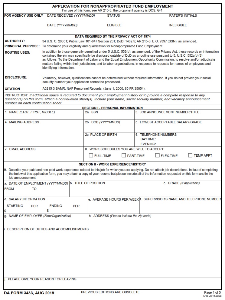 DA Form 3433 - Application For Nonappropriated Fund Employment Page 1