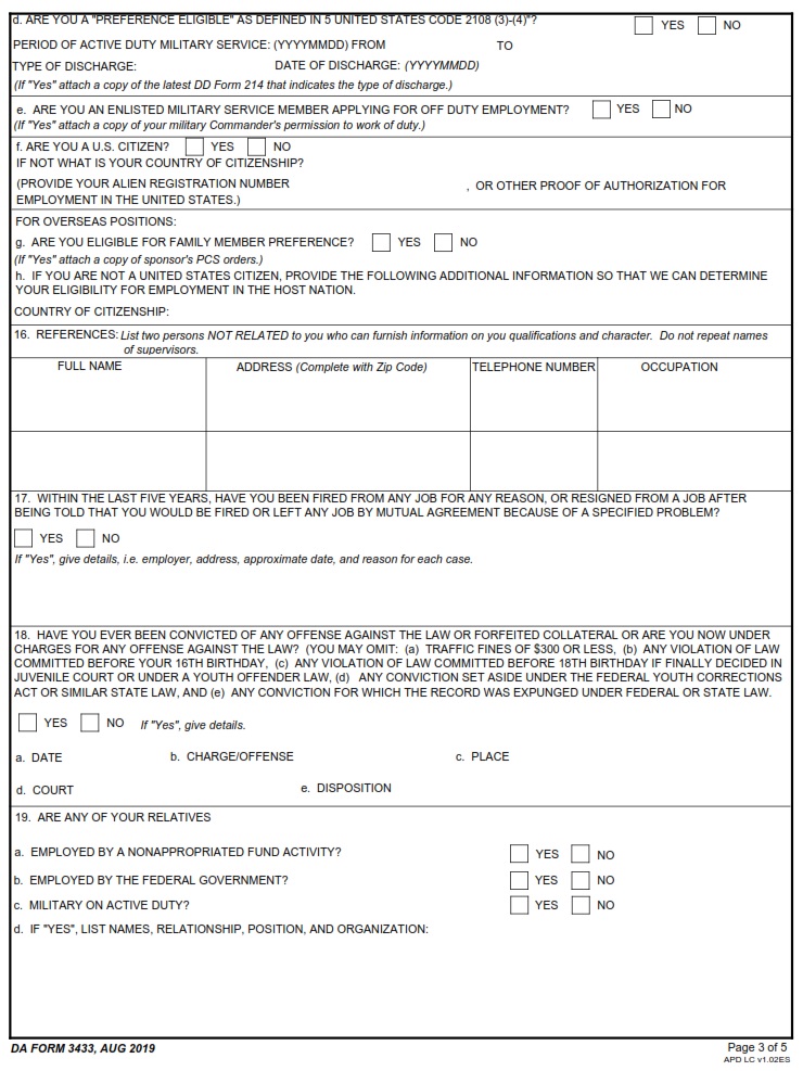DA Form 3433 - Application For Nonappropriated Fund Employment Page 3