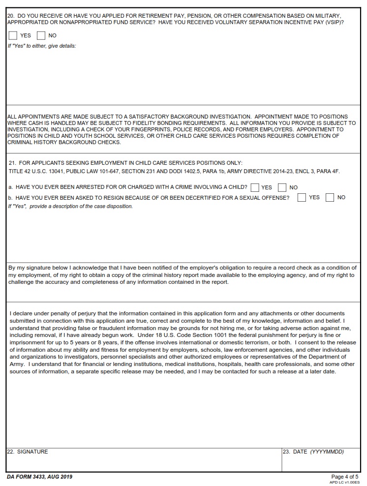 DA Form 3433 - Application For Nonappropriated Fund Employment Page 4