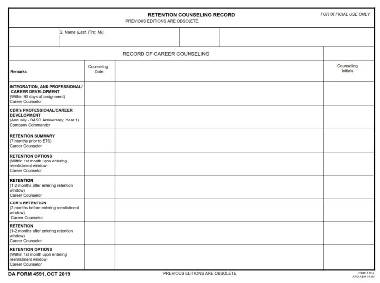 DA Form 4591 – Retention Counseling Record | Army Pubs DA Form