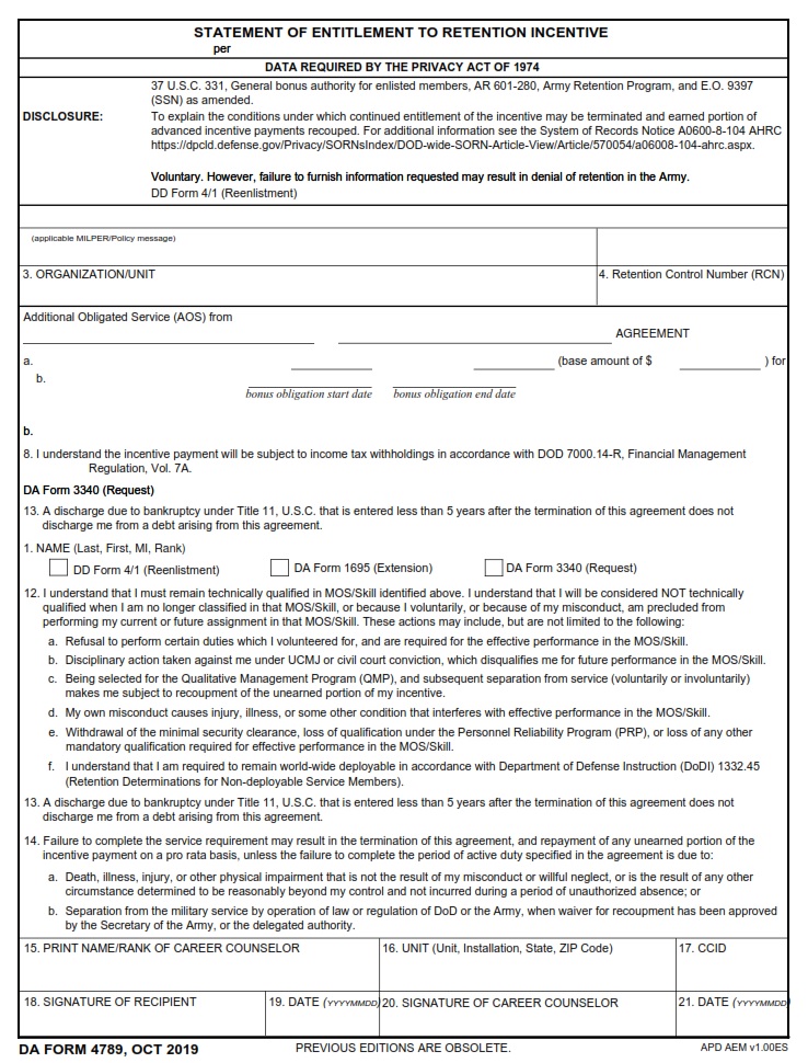 DA Form 4789 - Statement Of Entitlement To Retention Incentive