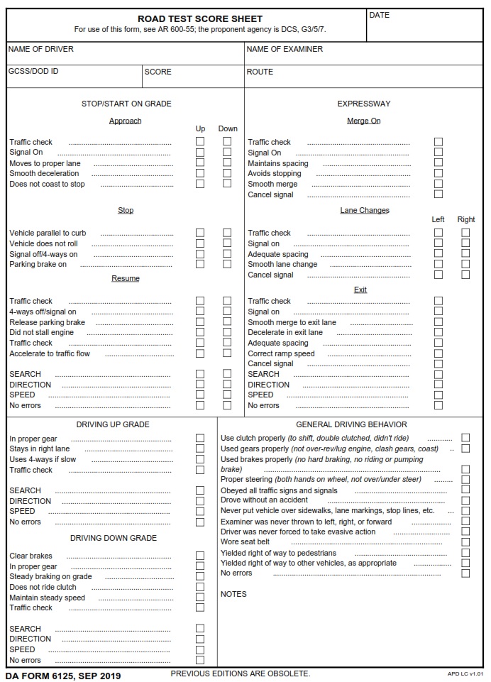 DA Form 6125 - Road Test Score Sheet