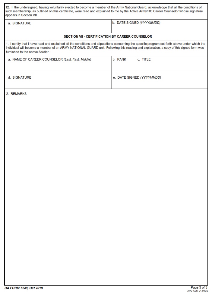 DA Form 7249 - Certificate And Acknowledgment Of Service Requirements And Methods Of Fulfillment For Individuals Enlisting Or Transferring Into Units Of The Army National Guard Upon Ref - Page 3