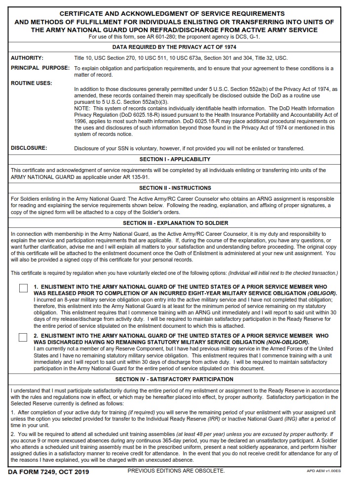 DA Form 7249 - Certificate And Acknowledgment Of Service Requirements And Methods Of Fulfillment For Individuals Enlisting Or Transferring Into Units Of The Army National Guard Upon Ref