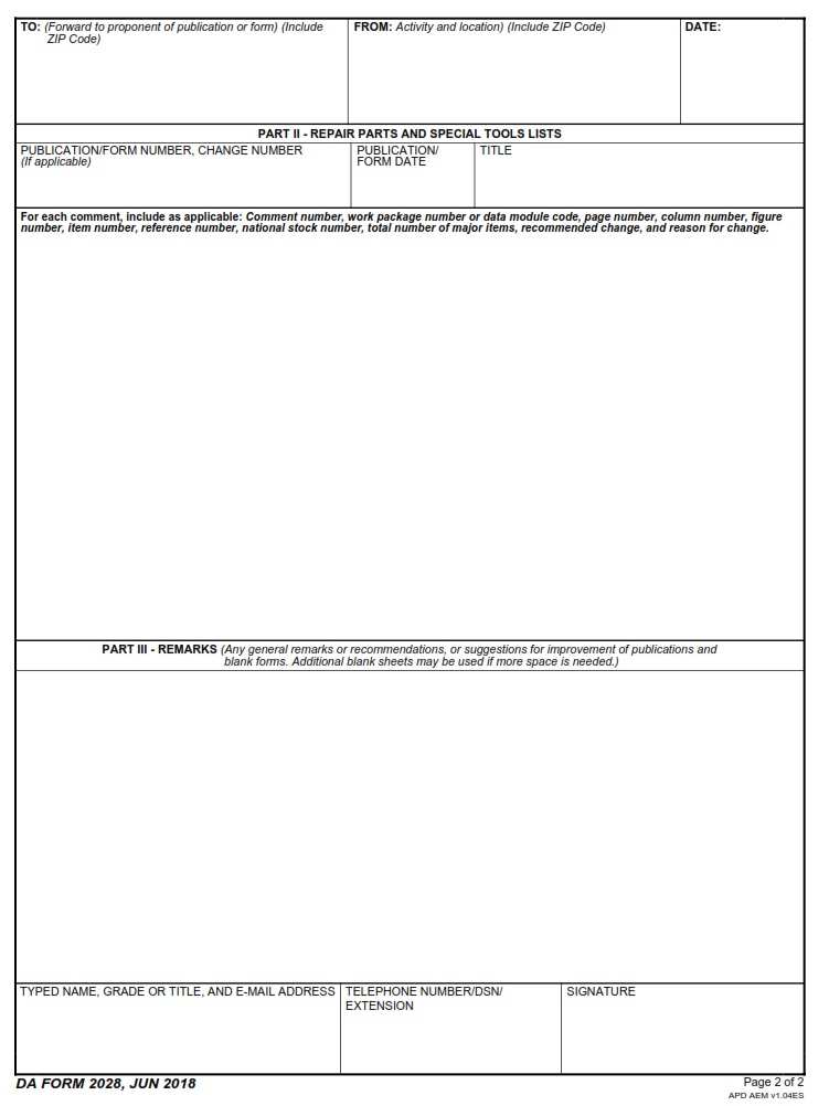 DA FORM 2028 - Recommended Changes To Publications And Blank Forms Page 2