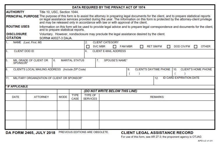 DA FORM 2465 - Client Legal Assistance Record