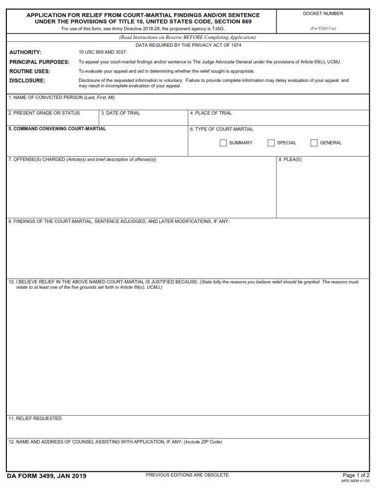 DA FORM 3499 - Application For Relief From Court Martial Findings And Or Sentence Under The Provisions Of Title 10 United States Code Section 869 page 1