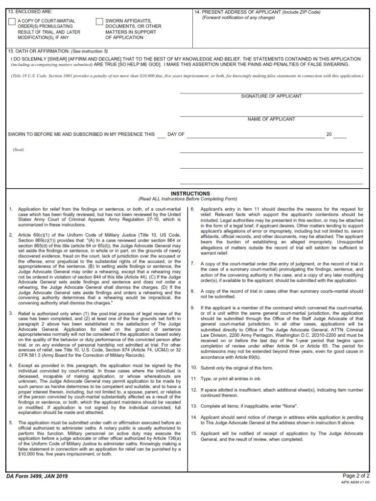 Da Application Number Example DA FORM 3499 – Application For Relief From Court-Martial Findings And ...