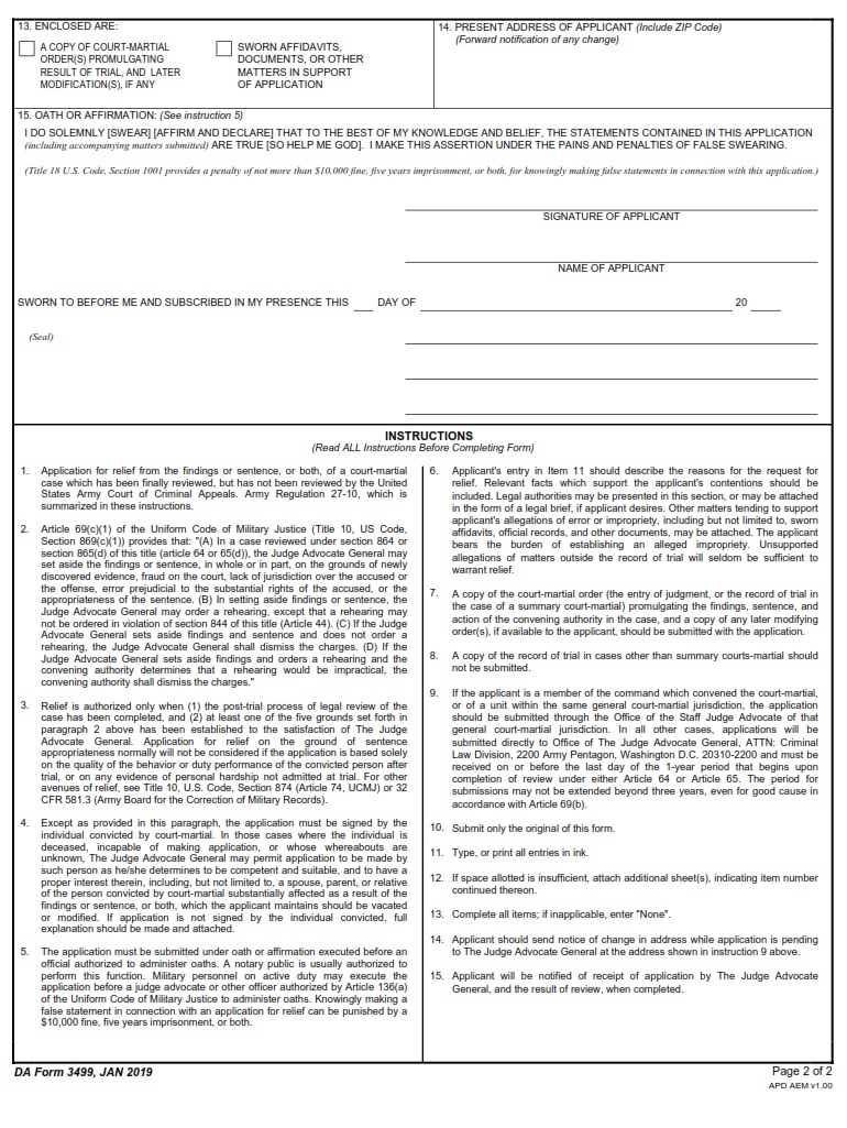 DA FORM 3499 - Application For Relief From Court Martial Findings And Or Sentence Under The Provisions Of Title 10 United States Code Section 869 page 2