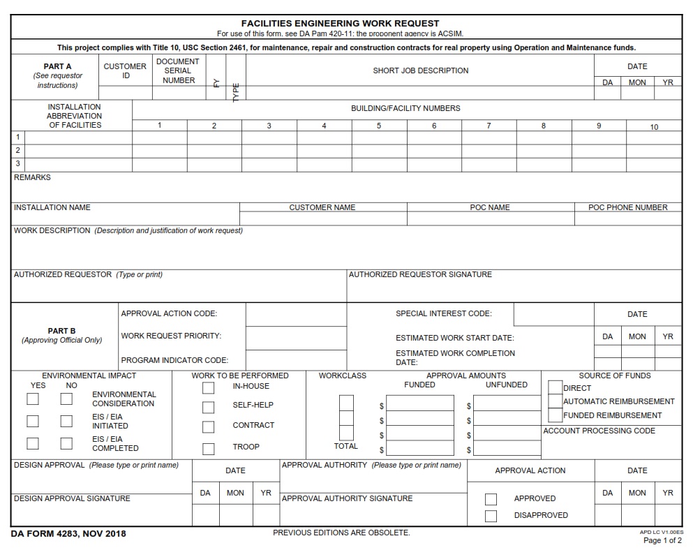 DA FORM 4283 - Facilities Engineering Work Request Page 1