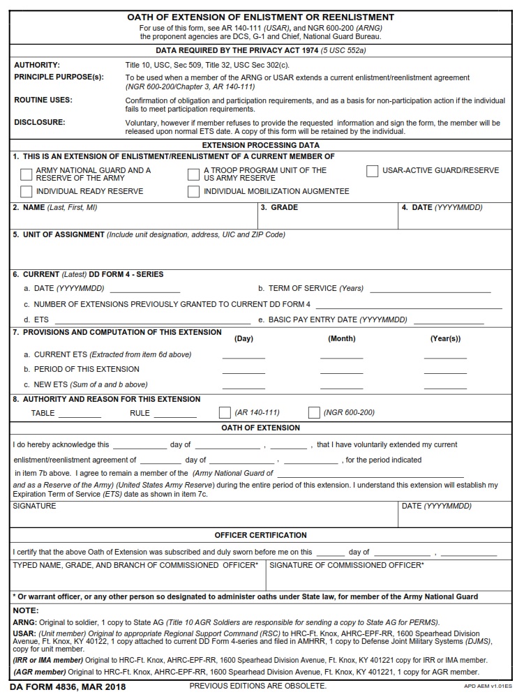 DA FORM 4836 - Oath Of Extension Of Enlistment Or Reenlistment
