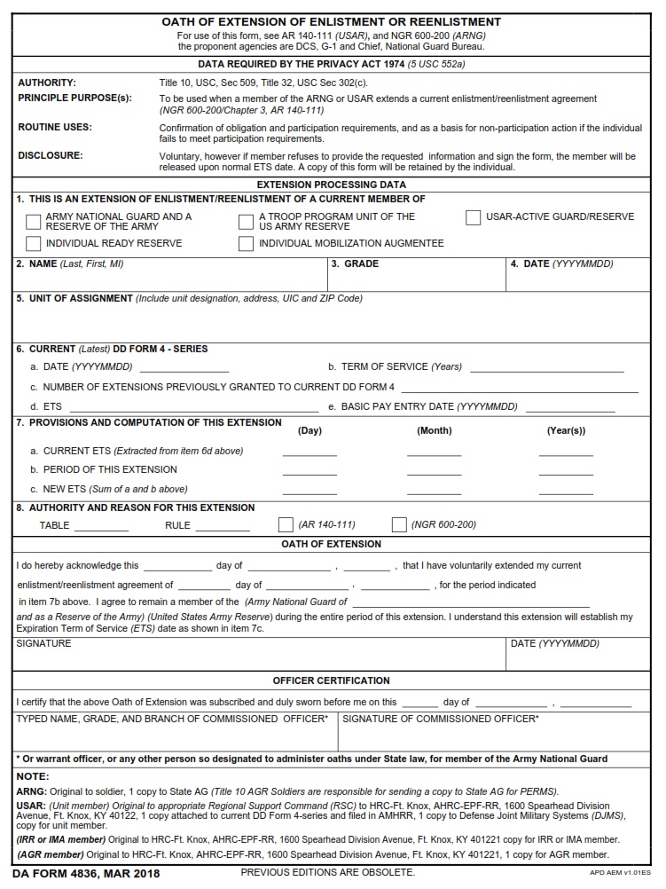 DA FORM 4836 Oath Of Extension Of Enlistment Or Reenlistment Army