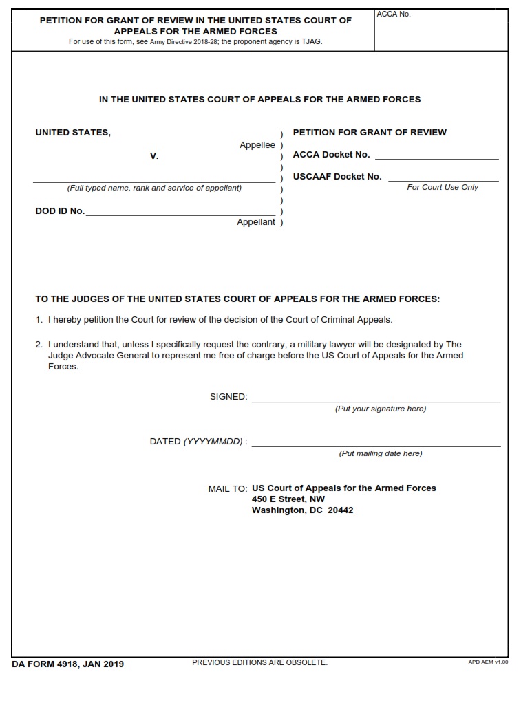 DA FORM 4918 - Petition For Grant Of Review In The United States Court Of Appeals For The Armed Forces
