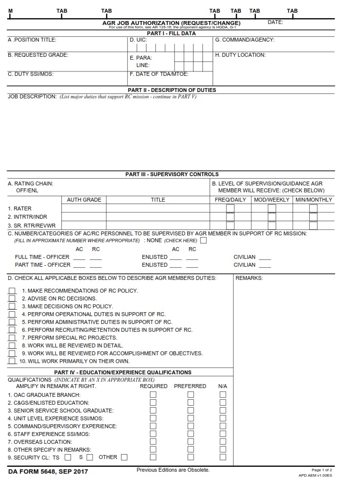 DA FORM 5648 – AGR Job Authorization (Request/Change) | Army Pubs DA Form