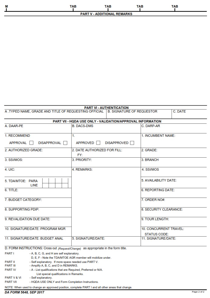 DA FORM 5648 – AGR Job Authorization Request_Change Page 2