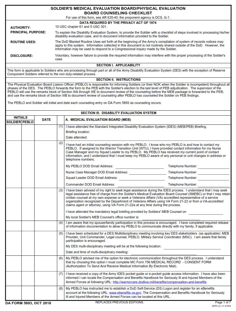 DA FORM 5893 - Soldier`S Medical Evaluation Board-Physical Evaluation Board Counseling Checklist page 1