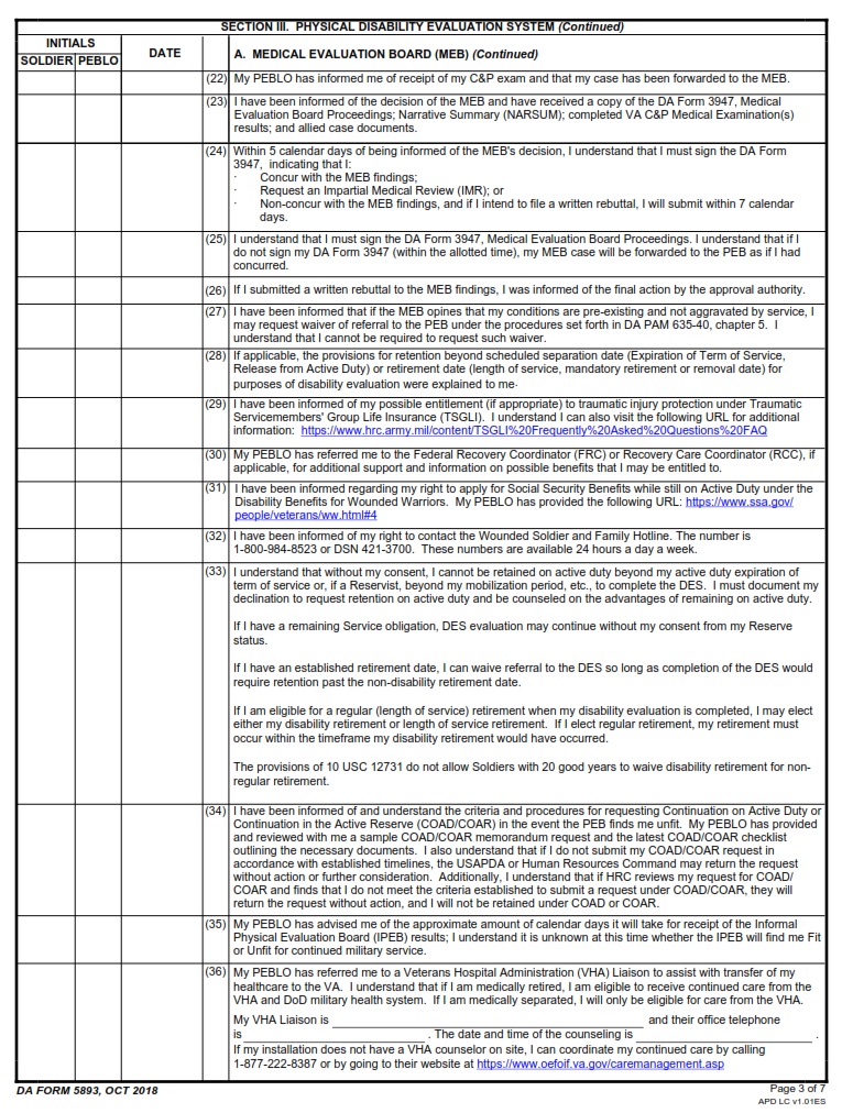 DA FORM 5893 - Soldier`S Medical Evaluation Board-Physical Evaluation Board Counseling Checklist page 3