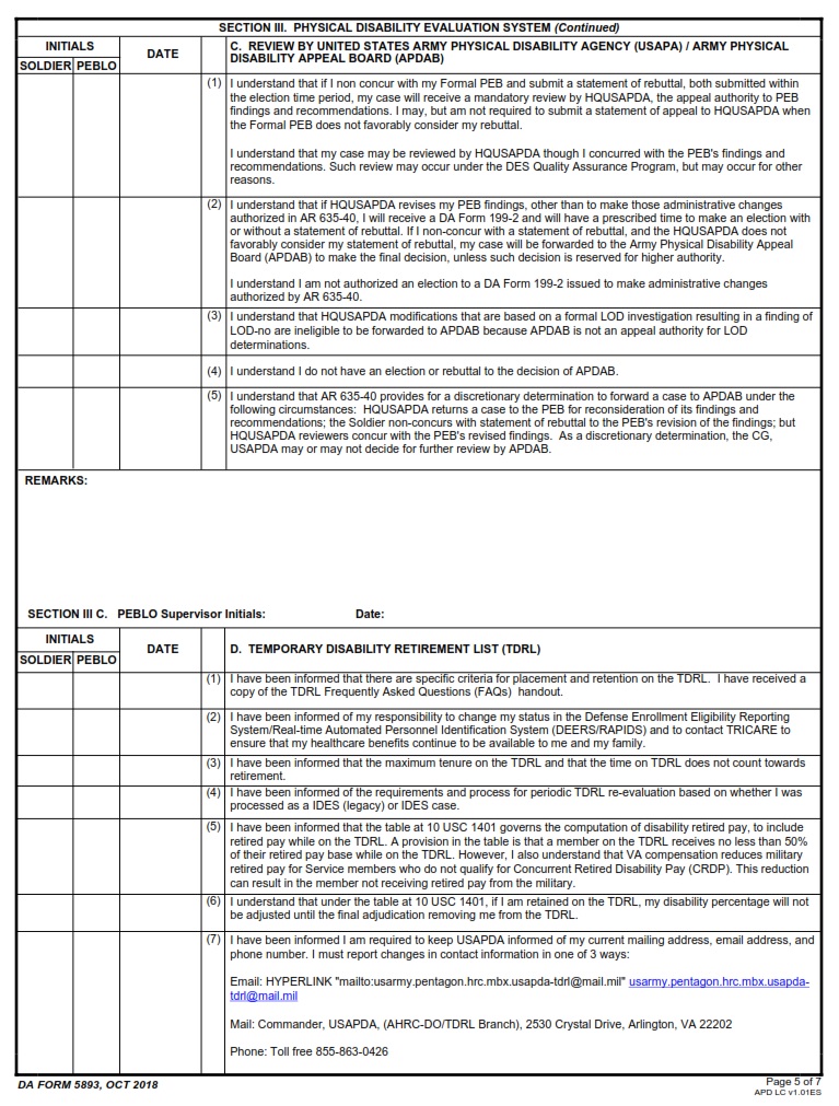 DA FORM 5893 - Soldier`S Medical Evaluation Board-Physical Evaluation Board Counseling Checklist page 5