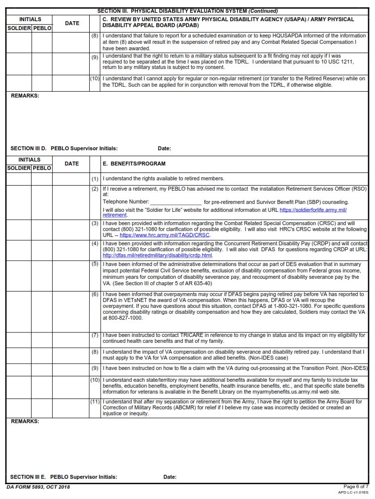 DA FORM 5893 - Soldier`S Medical Evaluation Board-Physical Evaluation Board Counseling Checklist page 6