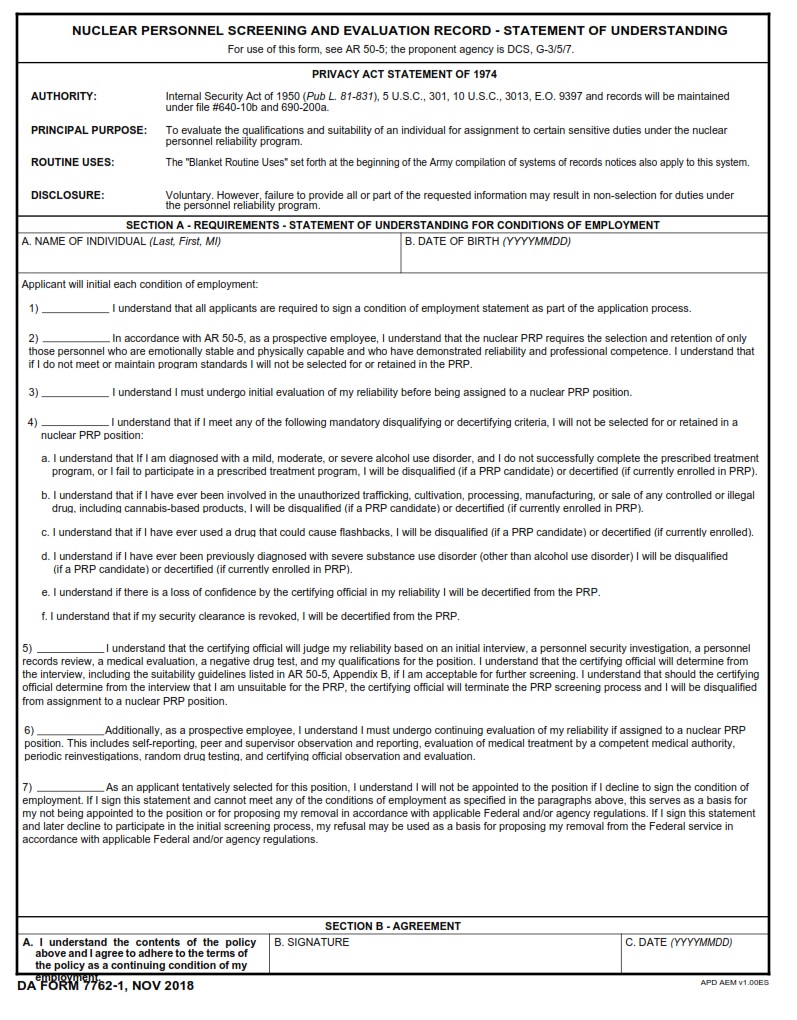 DA FORM 7762-1 - Nuclear Personnel Screening And Evaluation Record - Statement Of Understanding