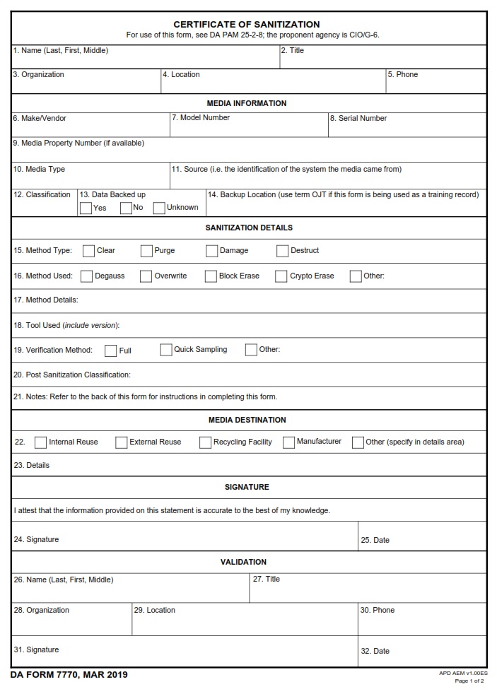 DA FORM 7770 - Certificate Of Sanitization Page 1