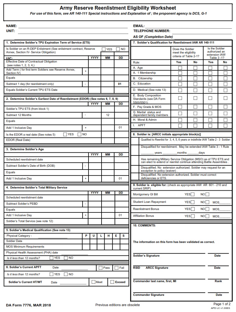 DA FORM 7776 - Army Reserve Reenlistment Eligibility Worksheet Page 1