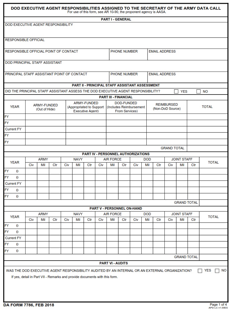 DA FORM 7786 - Dod Executive Agent Responsibilities Assigned To The Secretary Of The Army Data Call Page 1