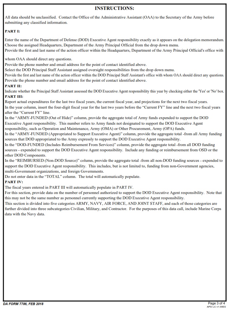 DA FORM 7786 - Dod Executive Agent Responsibilities Assigned To The Secretary Of The Army Data Call Page 3
