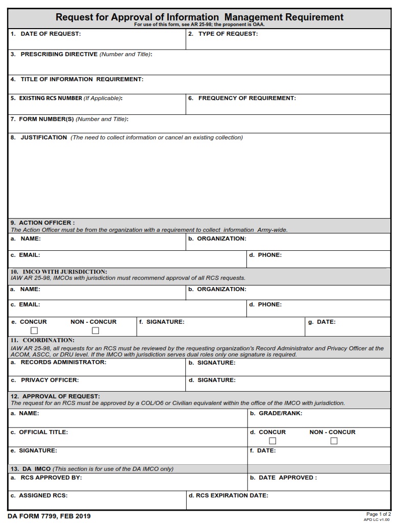DA FORM 7799 - Request For Approval Of Information Management Requirement
