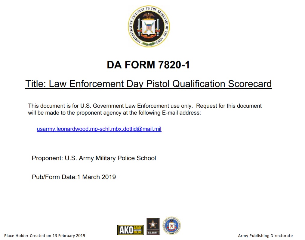 DA FORM 7820-1 - Law Enforcement Day Pistol Qualification Scorecard