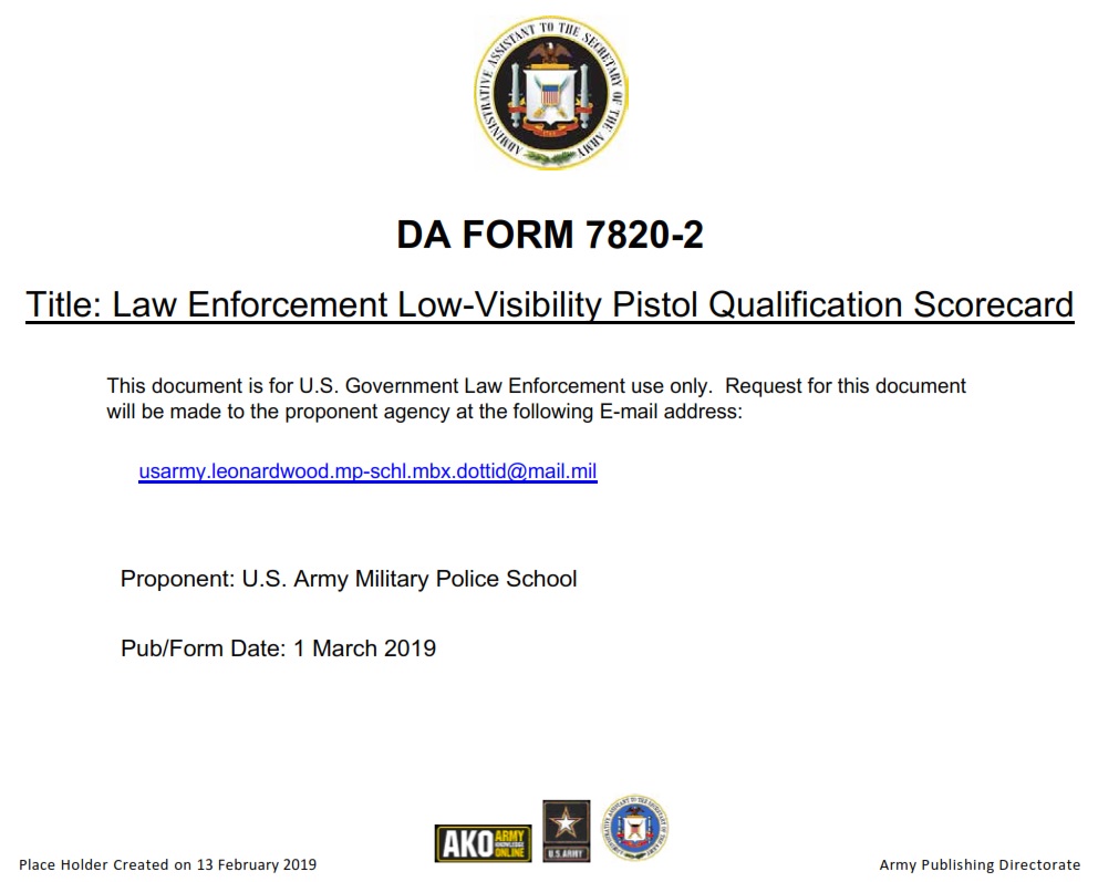 DA FORM 7820-2- Law Enforcement Low-Visibility Pistol Qualification Scorecard