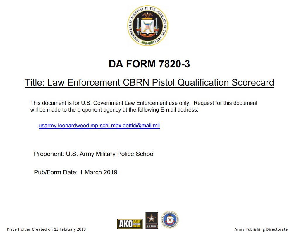 DA FORM 7820-3- Law Enforcement Cbrn Pistol Qualification Scorecard