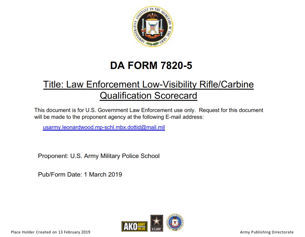 DA FORM 7820-5 - Law Enforcement Low-Visibility Rifle Carbine Qualification Scorecard