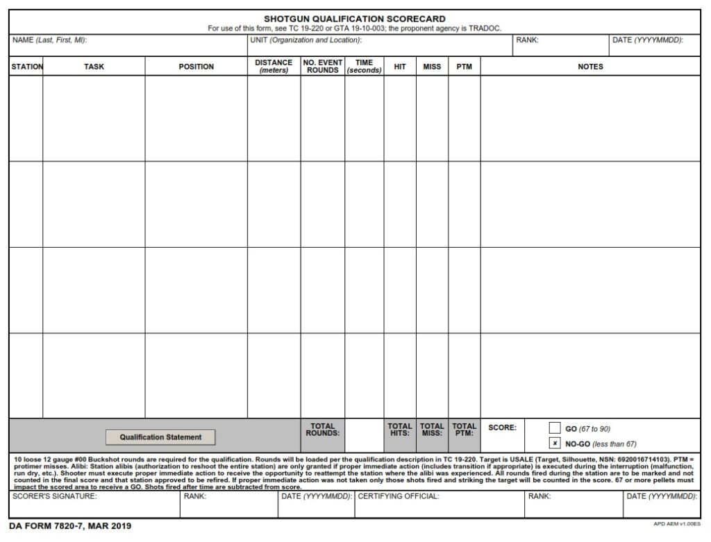 DA FORM 7820 7 Shotgun Qualification Scorecard Army Pubs DA Form