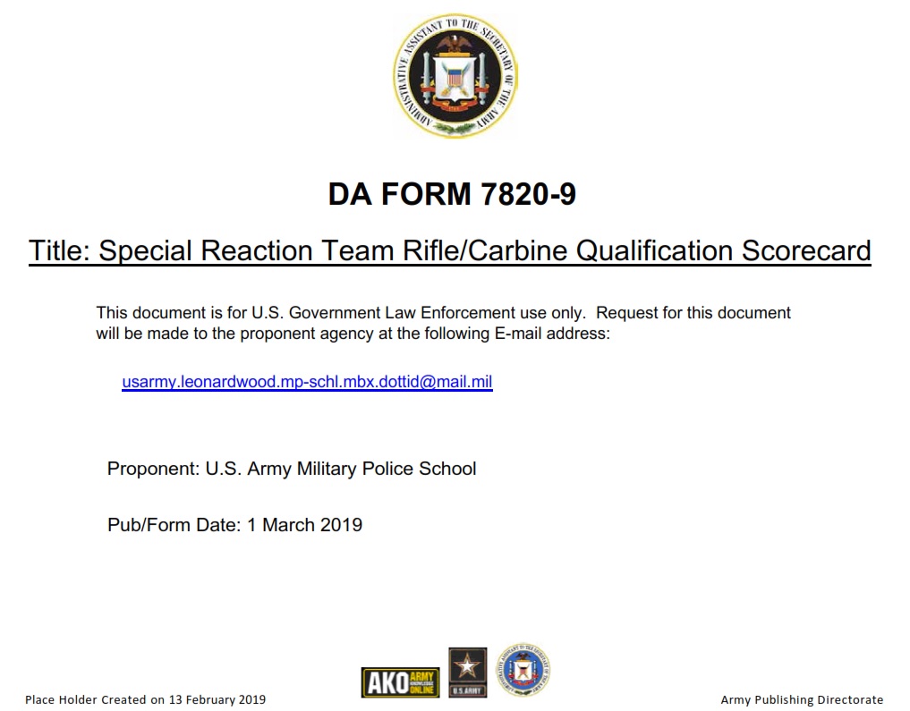 DA FORM 7820-9 - Special Reaction Team Rifle Carbine Qualification Scorecard