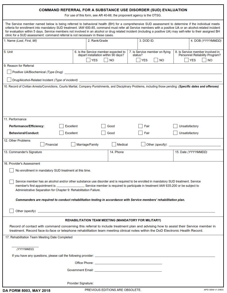 DA FORM 8003 - Command Referral For A Substance Use Disorder (SUD) Evaluation