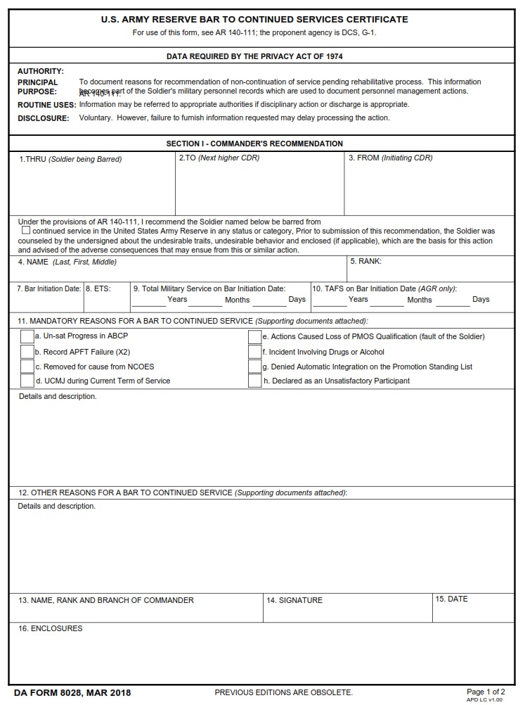DA FORM 8028 - U.S. Army Reserve Bar To Continued Services Certificate Page 1