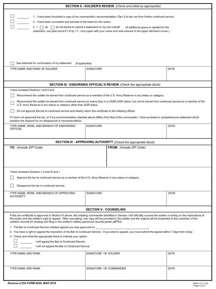 DA FORM 8028 - U.S. Army Reserve Bar To Continued Services Certificate Page 2