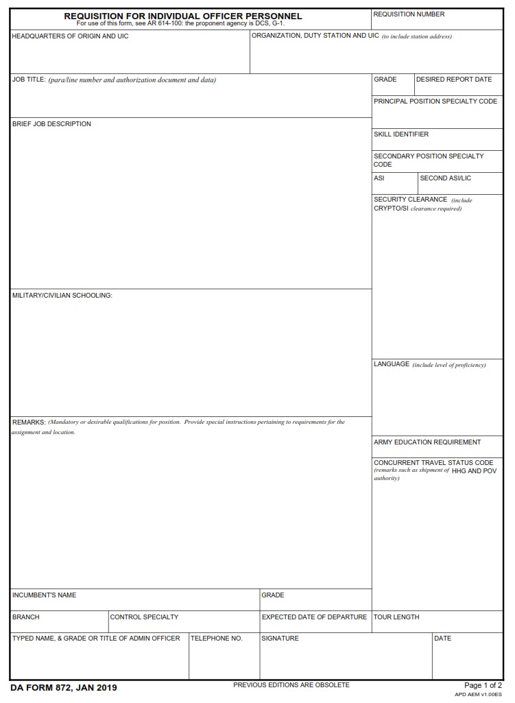 DA FORM 872 - Requisition For Individual Officer Personnel page1