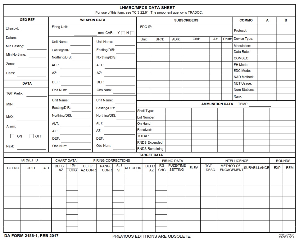 DA FORM 2188-1 - LHMBC_MFCS Data Sheet