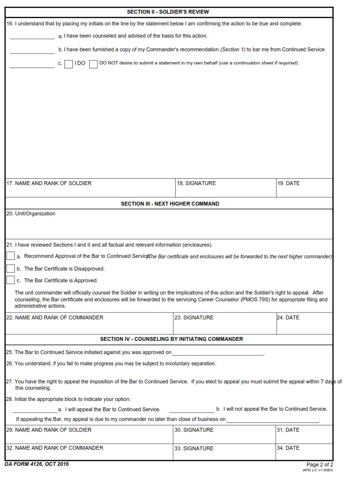 DA FORM 4126 - Bar To Continued Service Page 2