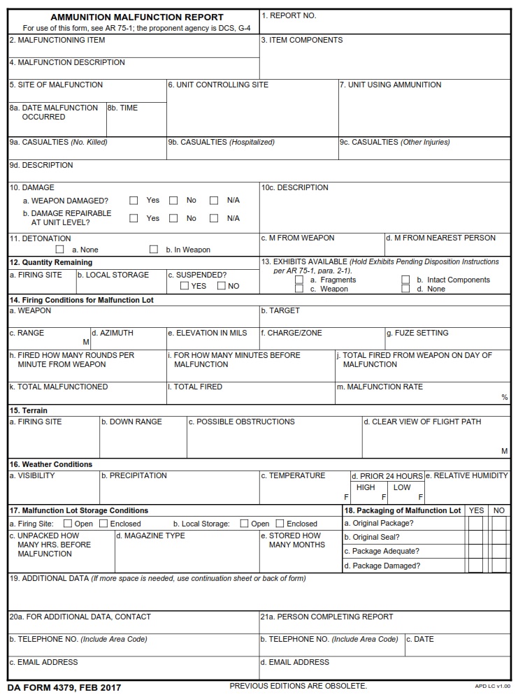 DA FORM 4379 Ammunition Malfunction Report Army Pubs DA Form