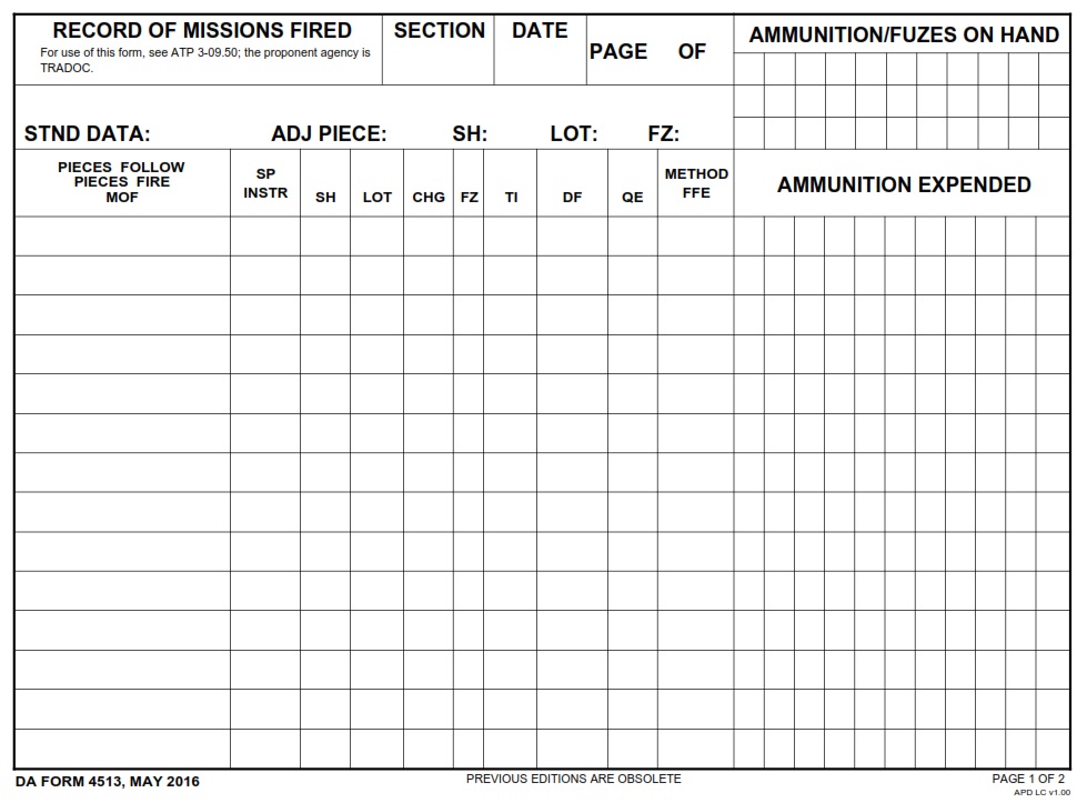DA FORM 4513 - Record Of Missions Fired Page 1
