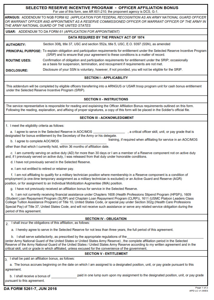 DA FORM 5261-7 - Selected Reserve Incentive Program - Officer Affliation Bonus Page 1
