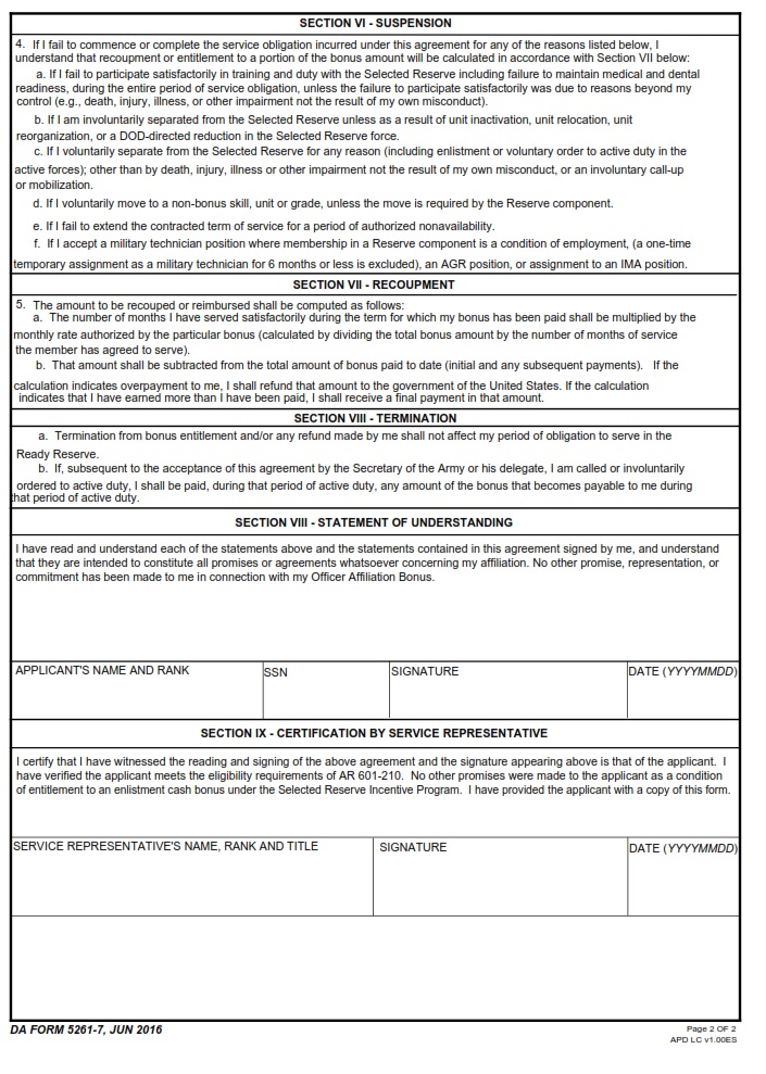 DA FORM 5261-7 - Selected Reserve Incentive Program - Officer Affliation Bonus Page 2