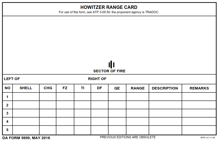 DA FORM 5699 - Howitzer Range Card